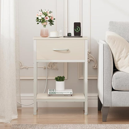 Vagusicc Nightstand with Charging Station, End Table with Fabric Drawer, Small Side Table with 2-Tier Storage Shelves, 25.4" Tall Night Stand, Bedside Table for Bedroom, Living Room, Dorm, Beige