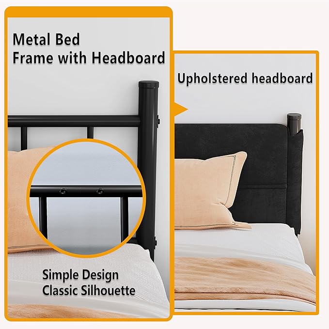 Metal Bed Frame,14Inch Queen Size Bed Frame with Storage Space,Heavy Duty Sturdy Mattress Foundation,Easy Assembly,No Box Spring Needed,Black Queen