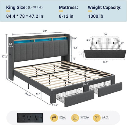 Allewie King Size Bed Frame with 2-Tier LED Storage Headboard, Upholstered King Platform Bed Frame with 2 Storage Drawers, USB & Type-C Charging Ports, Noise-Free/No Box Spring Needed, Dark Grey
