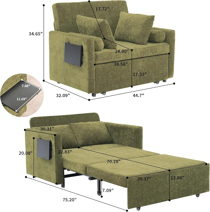 45" Oversize 3-in-1 Sleeper Chair Pull Out Bed, 75" Long Single Sleeper Sofa Bed with Wing Table and Side Pocket for Living Room, Bedroom, Small Space, Green