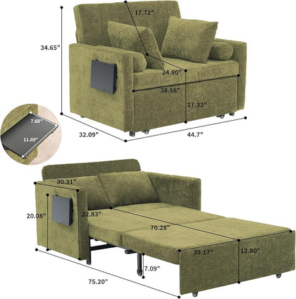 45" Oversize 3-in-1 Sleeper Chair Pull Out Bed, 75" Long Single Sleeper Sofa Bed with Wing Table and Side Pocket for Living Room, Bedroom, Small Space, Green