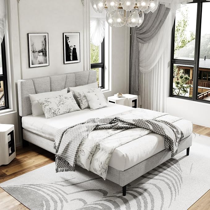 Sismplly Queen Size Platform Bed Frame with Upholstered Headboard, Wooden Slats Support, Noise Free, No Box Spring Needed, Easy Assembly, Light Grey, Linen
