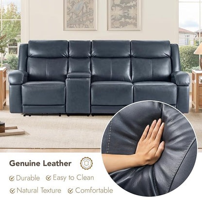 Watson & Whitely Genuine Leather Power Recliner Sofa, 3 Seater Wall Hugger Reclining Sofas with Storage Console, Power Headrest, USB, Electric Recliner Couch Set for Living Room, Navy Blue