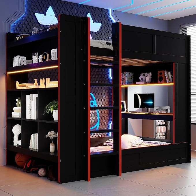 RUNNA Full Gaming Bunk Bed with Desk, LED & Charging Station | Full gaming bunk bed with desk, LED lights, charging station, storage shelves, 600 lbs capacity, no box spring needed