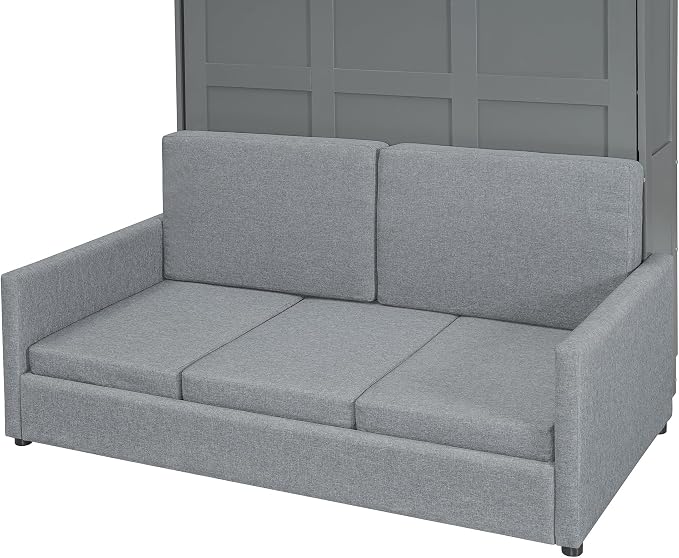 Ball & Cast Murphy Bed Full Size Wall Bed with Sofa,can be Folded,Multifunctional Wood Hideaway Cabinet Bed Frame,Slat Support,Save Space,for Apartment,Guest Room,Gray