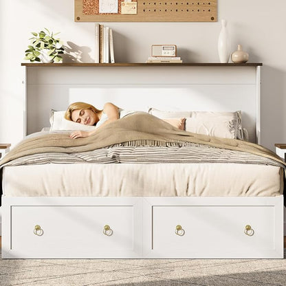 Yoobure Queen Murphy Bed with Charging Station - Rattan Queen Bed Frame with Storage Drawers, Wood Cabinet Beds for Guest Bedroom, Living Room, Office, Farmhouse Hideaway Beds with Foldable Platform