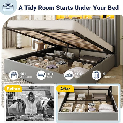 Allewie Full Size Lift Up Hydraulic Storage Bed Frame, 2-Tier Shelf Headboard with LED Lights and Charging Station, USB and Type C Ports, Wingback Velvet Headboard, No Box Spring Needed, Gray