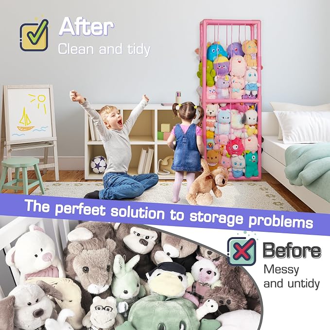 Stuffed Animal Storage Zoo Holder Space Save, PVC Stuffed Animal Organizer | Vertical Plush Toy Organizer with Elastic Band and Net, Large Capacity Stuffy Storage for Playroom Bedroom Nursery