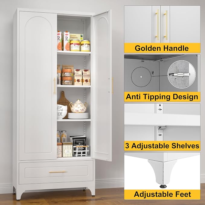 SteeLoong Metal Storage Cabinet with Drawers,75Inch White Pantry Cabinets for Kitchen Storage with 3 Adjustable Shelves,Tall Kitchen Pantry Cabinet for Living Room, Dining Room Office