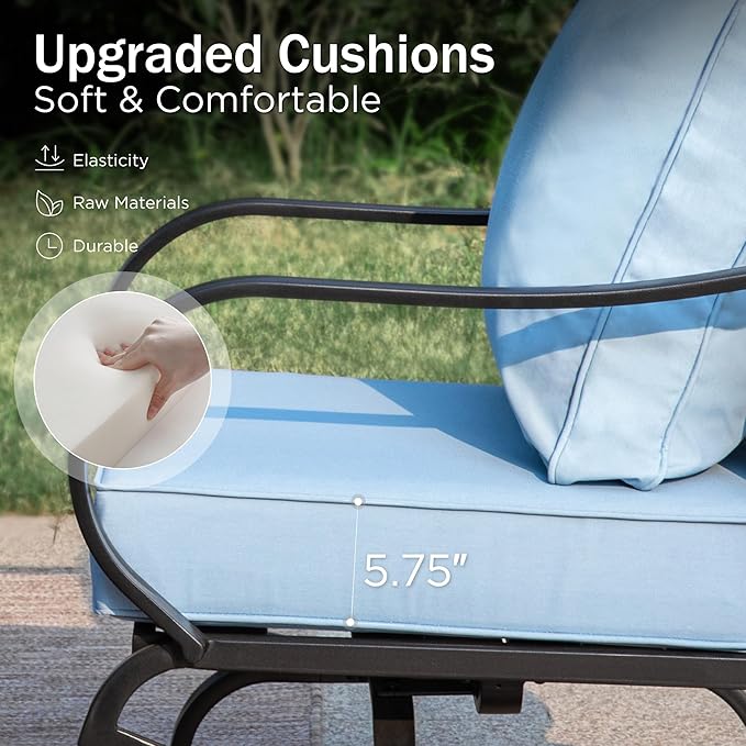 PHI VILLA Metal Patio Sofa with 5.75" Extra-Thick Waterproof Cushion, 3 Seater Deep Seat & High Back Outdoor Couch, All Weather Porch Furniture for Deck Backyard Front Porch Apartment,Blue