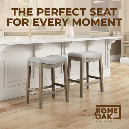 ROME + OAK Set of 2 Parker 26 Inch Counter Stool, Backless Saddle Kitchen Barstool in Reclaimed Oak Finish with Grey Fabric Upholstery Cushion Seat