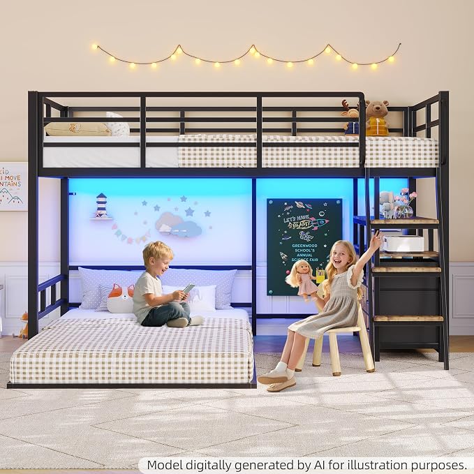 Bunk Bed Twin Over Twin,Low Bunk Bed with 8 Drawers & 4 Shelves & 15" H Safety Guardrail,Metal L-Shaped Twin Bunk Bed with LED Lights and Charging Station,Floor Bunk Beds with Ladder,Vintage Brown