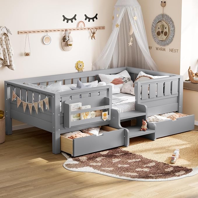 Bellemave Twin Montessori Bed with Stairs, Rails and Slats, Twin Size Montessori Floor Bed with Bookshelf and 2 Storage Drawers, Easy Assemble Beds Frame for Girls, Boys, Gray