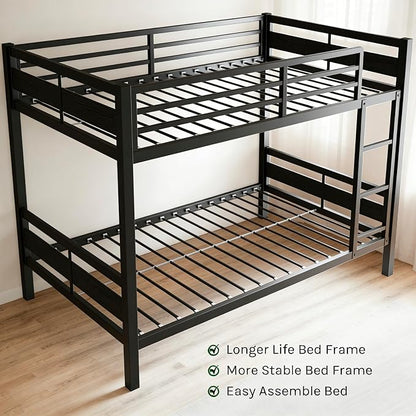 Bunk Bed Full Over Full, Heavy Duty Metal Bunkbeds with Full-Length Guardrail, Space-Saving Steel Bed for Kids & Adults, No Box Spring Required, Black