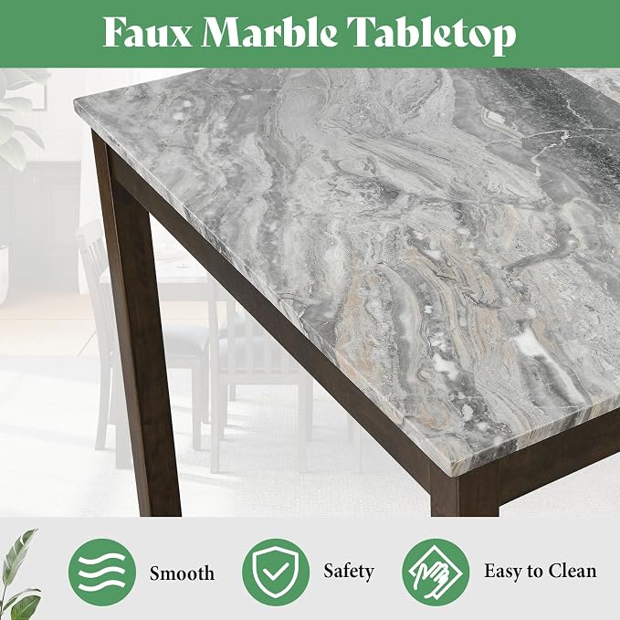 AMERLIFE 7-Piece Dining Table Set, 71" Faux Marble Modern Table with 6 PU Leather Upholstered Chairs, Heavy-Duty Solid Wood Set for Kitchen & Dining Room, Dark Brown