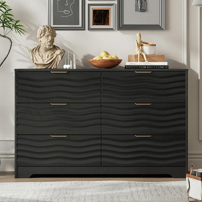 MALOL Coastline Fluted 6 Drawers Dresser for Bedroom, 48" Wide Modern Chest of TV Stand Organizers with Metal Handle, Storage Wooden Dresser Drawer for Living Room, Hallway, Closet, Black Wood