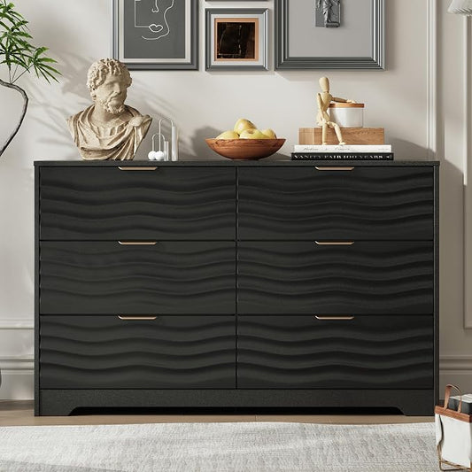 MALOL Coastline Fluted 6 Drawers Dresser for Bedroom, 48" Wide Modern Chest of TV Stand Organizers with Metal Handle, Storage Wooden Dresser Drawer for Living Room, Hallway, Closet, Black Wood