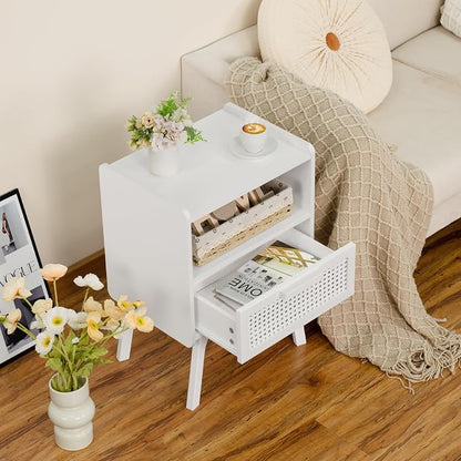 Lerliuo Rattan Nightstand, Side Table with Drawer Open Shelf, Cane Accent Bedside End Table with Solid Wood Legs, Mid Century Modern Night Stand for Bedroom, Dorm and Small Spaces (White)