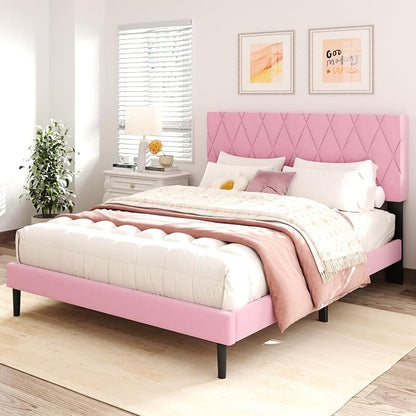 CXVX Queen Size Bed Frame with Diamond Tufted Headboard, Velvet Upholstered Platform Bed and Wooden Slat Support, Noise-Free, No Box Spring Needed, Easy Assembly, Pink