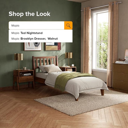 mopio Ted Bed Frame with Headboard, Mid Century Modern Acacia Solid Wood Platform Bed Frame, Wooden Slats, No Box Spring, Double Metal Bar Support (Solid Wood Slatted, Twin)
