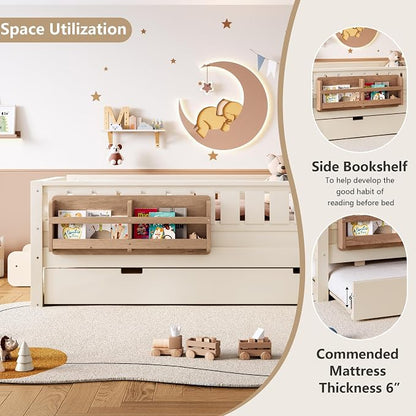 Bellemave Twin Kids Montessori Bed with Stairs, Bookshelf and Trundle, Solid Wood Kids Bed Frame with Storage for Boys Girls, Low Profile,Beige