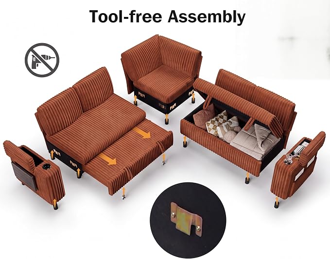 Vipbear 86" Modular Sectional Sleeper Sofa with Pull Out Bed, 5 Seat Plush Corduroy L Shaped Couch with Storage Seat|USB Ports|Cup Holders|Side Table|Storage Armrests, Tool Free Assembly, Orange