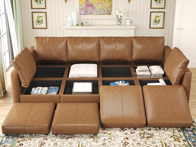 EASE MOOSE Modular Sectional Sofa Sleeper Couch with Storage,Faux Leather Sectional Large Moduar Sofa Bed,Brown