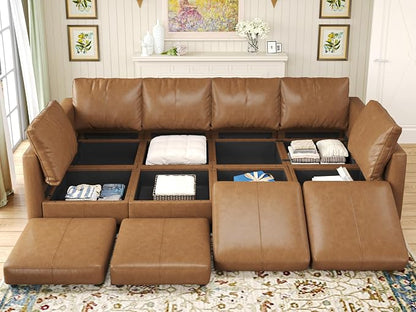 EASE MOOSE Modular Sectional Sofa Sleeper Couch with Storage,Faux Leather Sectional Large Moduar Sofa Bed,Brown