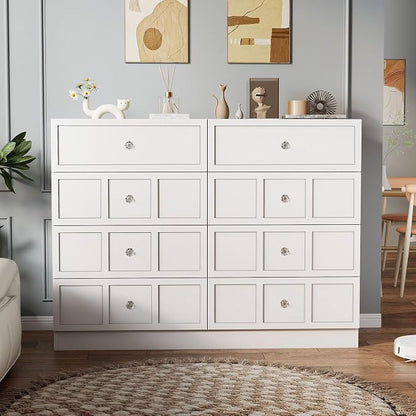 8 Drawer Dresser for Bedroom: 47" White Wide Tall Dressers for Bedroom, Modern Fluted Dresser with Deep Drawers, Wooden Chest of Drawers for Living Room