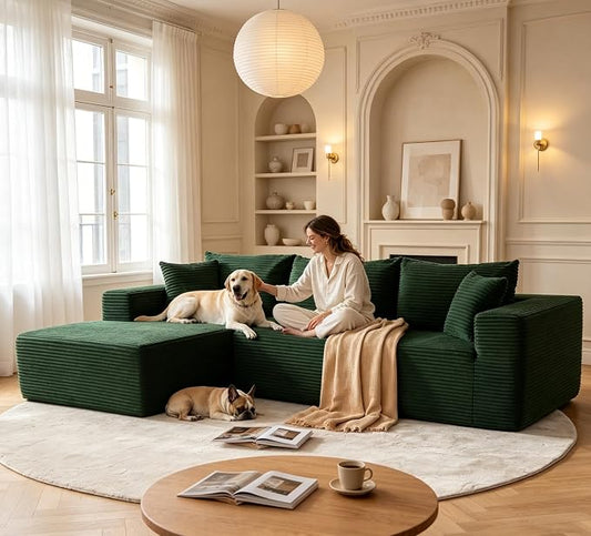 Mangodan 110” Cloud Sectional Couch, Modular Sectional Sofa for Living Room, Boneless Sofa with Deep Seat, Comfy Fluffy Couch with L-Shaped Chaise, No Assembly Required (Left-Facing Chaise, Green)