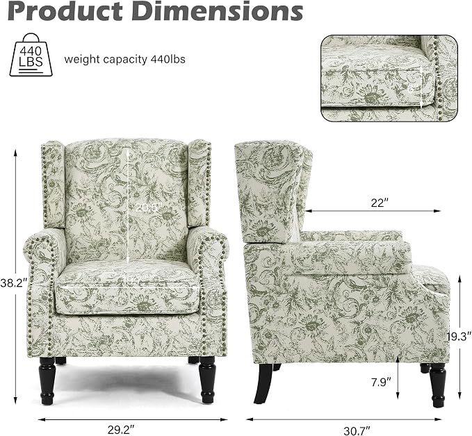 High Back Floral Accent Chairs Set of 2, Fabric Upholstered Armchair Wingback Arm Chair for Living Room, Nailhead Trim Single Sofa Bedroom Side Reading Seat with Solid Wood Legs - Rococo Green