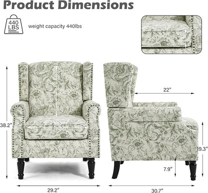 High Back Floral Accent Chairs Set of 2, Fabric Upholstered Armchair Wingback Arm Chair for Living Room, Nailhead Trim Single Sofa Bedroom Side Reading Seat with Solid Wood Legs - Rococo Green