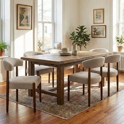 VKNOW Wooden Dining Chairs Set of 6, Modern Upholstered Dining Room Chairs with Walnut Wood Legs and Curved Backrest, Fabric Kitchen Chairs for Farmhouse/Living Room/Dining Room, Beige