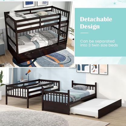 MAT EXPERT Twin Over Twin Bunk Bed with Trundle, Solid Wood Bunk Bed Frame w/Ladder, Slats & Rail, Convertible Twin Size Platform Bed for Kids, Space-Saving Bunk Beds for Bedroom Dorm (Espresso)