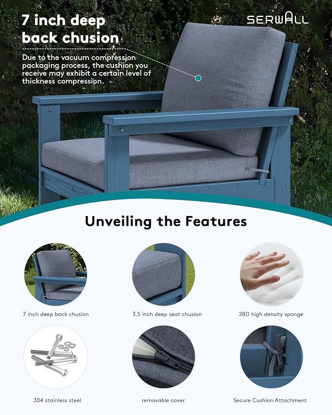 SERWALL HDPE Patio Conversation Set, 6-piece Sectional Outdoor Furniture Set, All Weather Outdoor Couch Set Patio Furniture Set for Deck, Lawn, Blue Frame with Grey Cushion