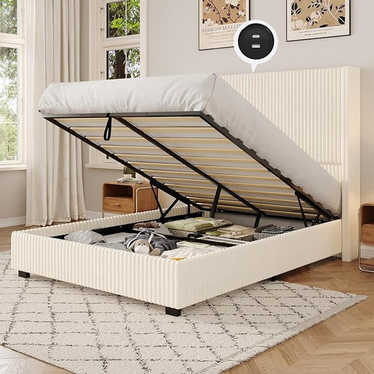 UNIQUITE Queen Size Lift Up Storage Bed Frame with 51 Inch Tall Wingback Headboard, Corduroy Upholstered Platform Bed with Hydraulic Storage, 2 USB Ports, No Box Spring Needed, Noise-Free, Beige