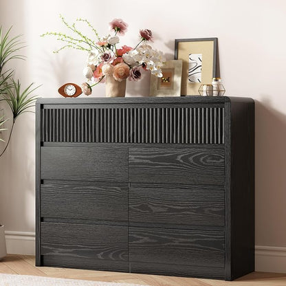 LYNSOM 9 Drawer Dresser for Bedroom, 50" Wide Fluted Dresser with Curved Corners, Wood Dressers & Chests of Drawers with Dual-Panel Design for Bedroom, Entryway, Black