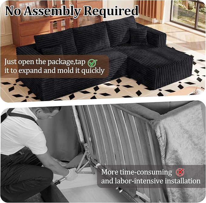 92.5" Cloud Sectional Couch with L-Shape Chaise, Modern Corduroy Boneless Couch for Living Room,Memory Foam Sofa with Deep Seat,No Assembly Required Washable Covers