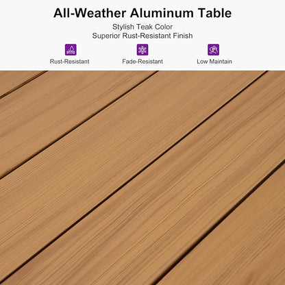 PURPLE LEAF 14 Pieces Patio Dining Set Wicker Outdoor Furniture Rectangular Table and Chairs Set for Garden Deck Teak-Finish & Grey Aluminum Frame Backyard Kitchen Set, Cushions and Pillows Included
