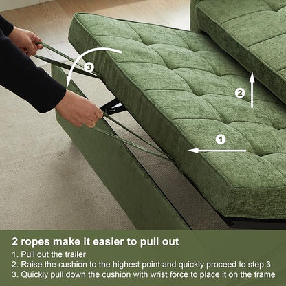 Tbfit 57" Loveseat Sleeper Convertible Sofa Bed, Futon Couch with Pullout Bed, USB & Adjustable Backrest, Chenille Full Size Pull Out Couches for Living Room, Apartment, Office, Dorm, RV, Green