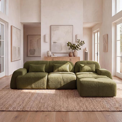 118'' Modular Sectional Cloud Couch Boneless Couches, Oversize Curved Sectional Couches for Living Room, Deep Seat Couch Lambswool Sofa with Ottoman & Throw Pillows, No Assembly, HR Foam