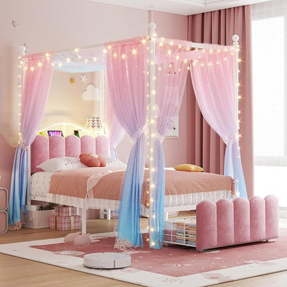 Homkdom Canopy Bed Frame Twin with Storage Drawers and LED Lights & Charging Station,Princess Velvet Upholstered Headboard,Heavy Duty 880lb,Easy Assembly,Pink