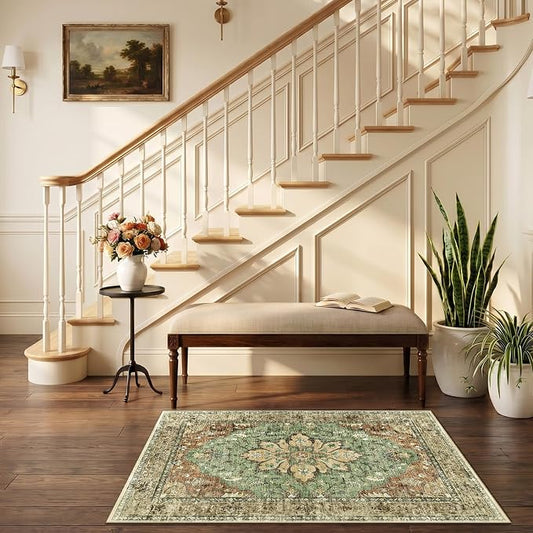 RELEANY Area Rugs Small 2'6"x4' Washable Non-Slip, Floral Vintage Distress Medallion Carpet for Kitchen Entryway Bathroom, Terracotta Burnt Orange Green