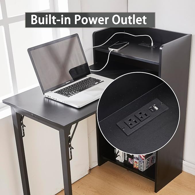 Fold Out Desk with Storage and Built-in Outlet, Mid Century Foldable Desk for Small Spaces, Hidden Folding Table for Home Office or Bedroom (Black)