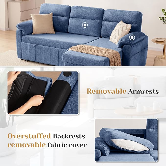Tbfit 80'' Sleeper Sofa Bed, 3 in 1 Cloud Pull Out Sofa Couch with USB & Storage Chaise, Chenille Convertible Sofa Bed with Pull Out Bed, Couches for Living Room, Apartment, Office, Blue