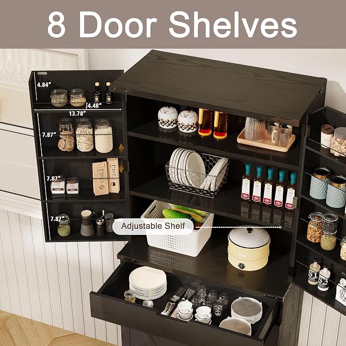 GRUSIGN 72" Tall Storage Cabinet, Kitchen Pantry Cabinet with Adjustable Shelves & Sturdy Steel Frame, Farmhouse Pantry Storage with 4 Barn Doors for Kitchen, Dining Room, and Living Room, Black