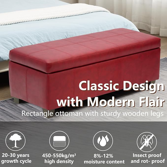 51 Inch Storage Ottoman, Storage Bench with Safety Hinge, Upholstered Synthetic Leather Ottoman Bench for Bedroom, Living Room, Entryway, Hallway, Foot Rest, Support 500lbs