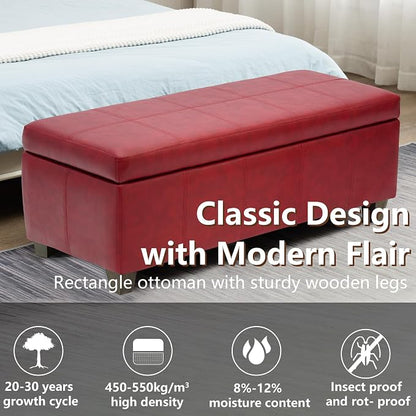 51 Inch Storage Ottoman, Storage Bench with Safety Hinge, Upholstered Synthetic Leather Ottoman Bench for Bedroom, Living Room, Entryway, Hallway, Foot Rest, Support 500lbs