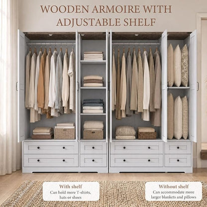Brafab Armoire Wardrobe Closet with 3 Modern Doors and Mirror, 71" Tall Freestanding Cabinet with 4 Drawers, Hanging Rod, and 4 Shelves, Wooden Storage Organizer for Clothes, Bedroom