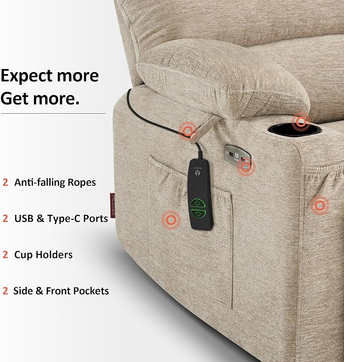 MCombo Power Lift Recliner Chair for Elderly, Lift Chair with Heat and Massage, USB &Type C Ports, Cup Holders, Fabric 7095 (Medium, Beige)